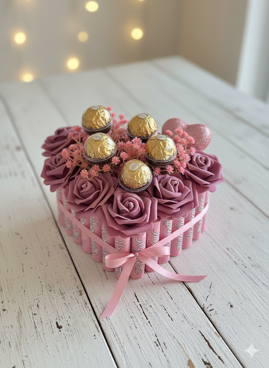 Mini Herz-Torte mit lila Rosen & Pralinen