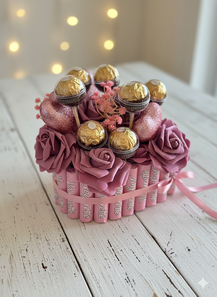 Mini Herz-Torte mit lila Rosen & Pralinen