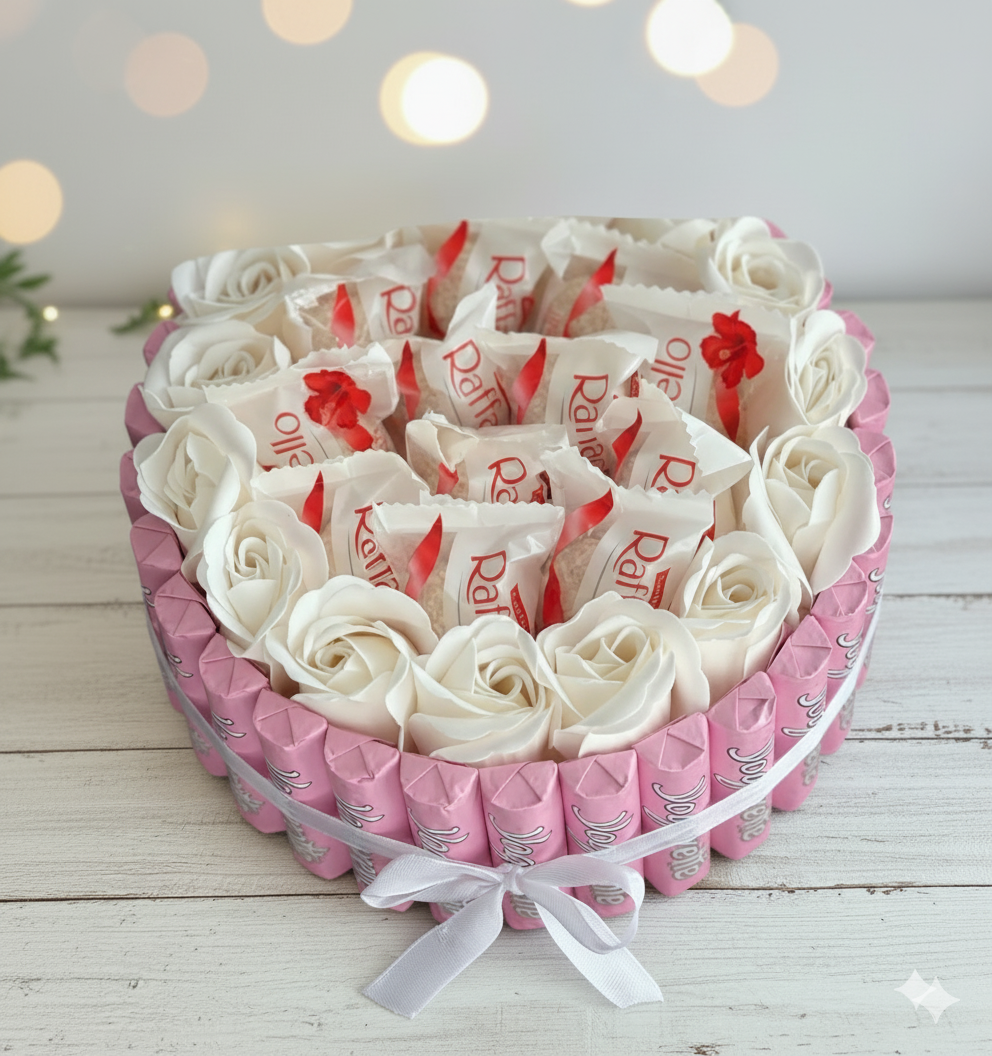 Herz-Torte mit weißen Rosen & Pralinen