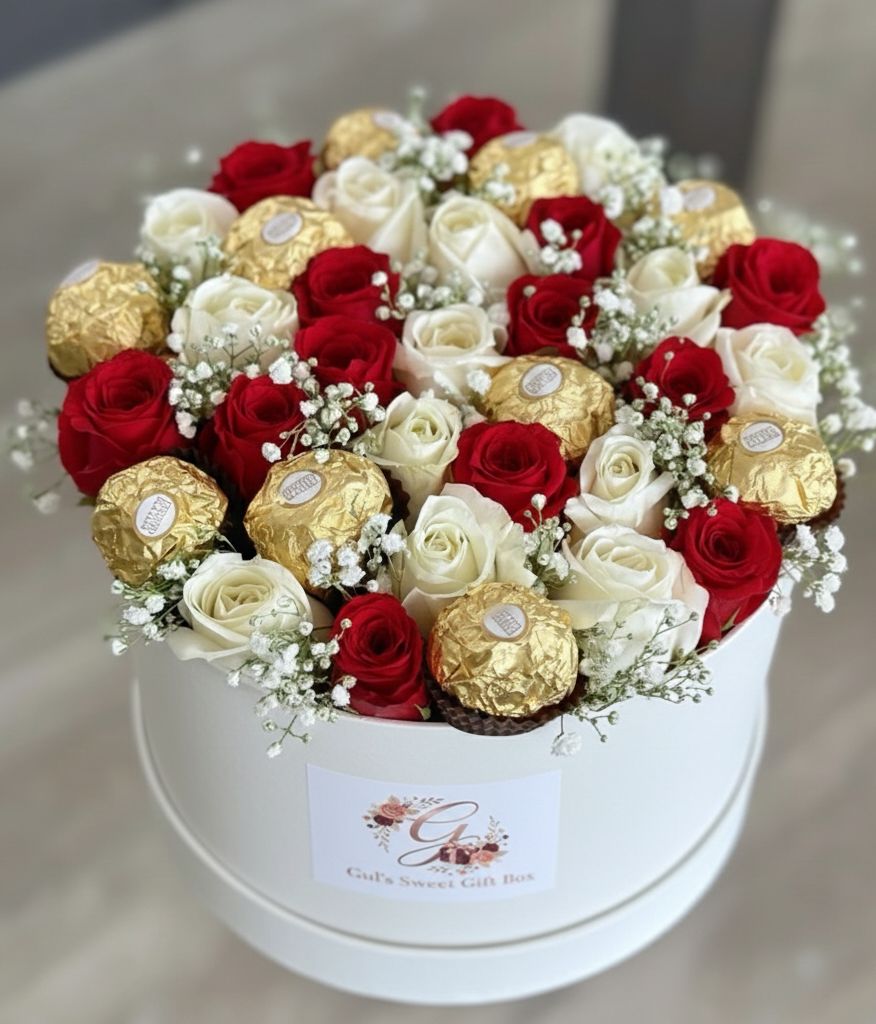 Edle Pralinenbox mit roten und weißen Blumen