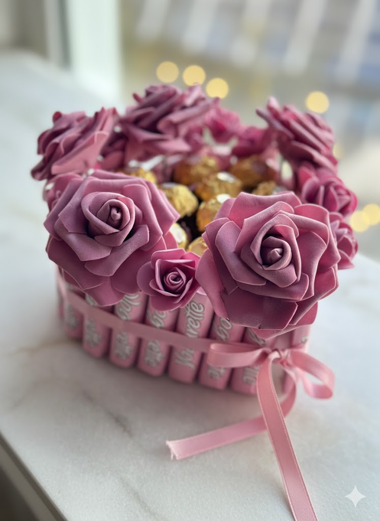 Herz-Torte mit Gold-Pralinen & lila Rosen